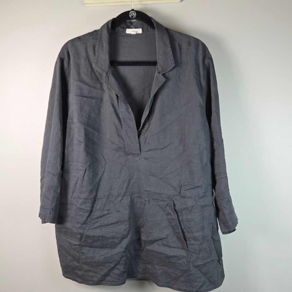 Eileen Fisher Tunic Woman 1X Grey Excellent Organic Linen V-Neck Pocket Top